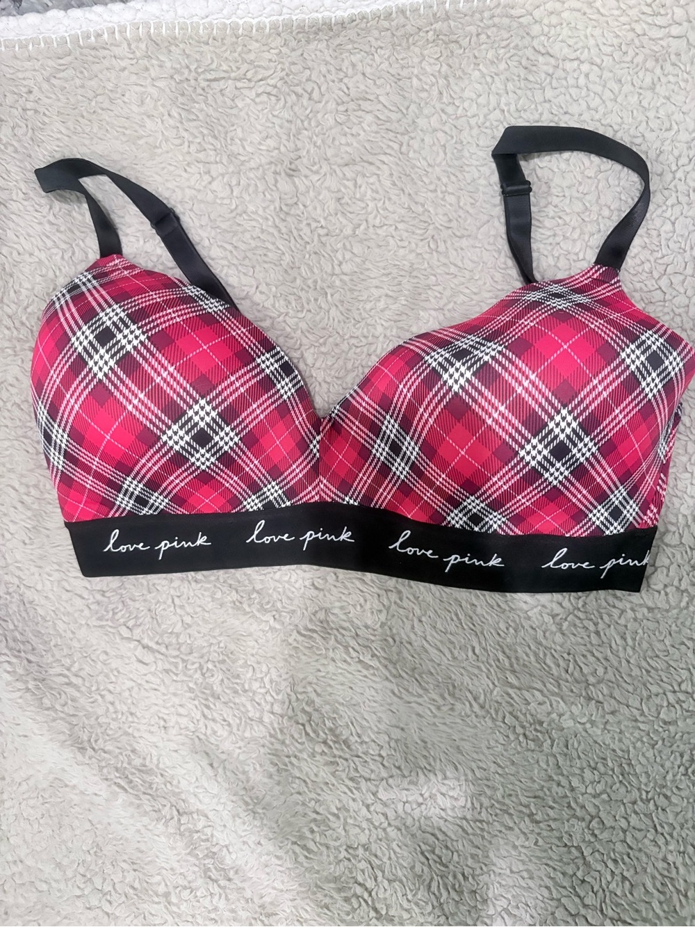 PINK Victoria's Secret Red & Black Plaid Push-Up Bra with Black Band